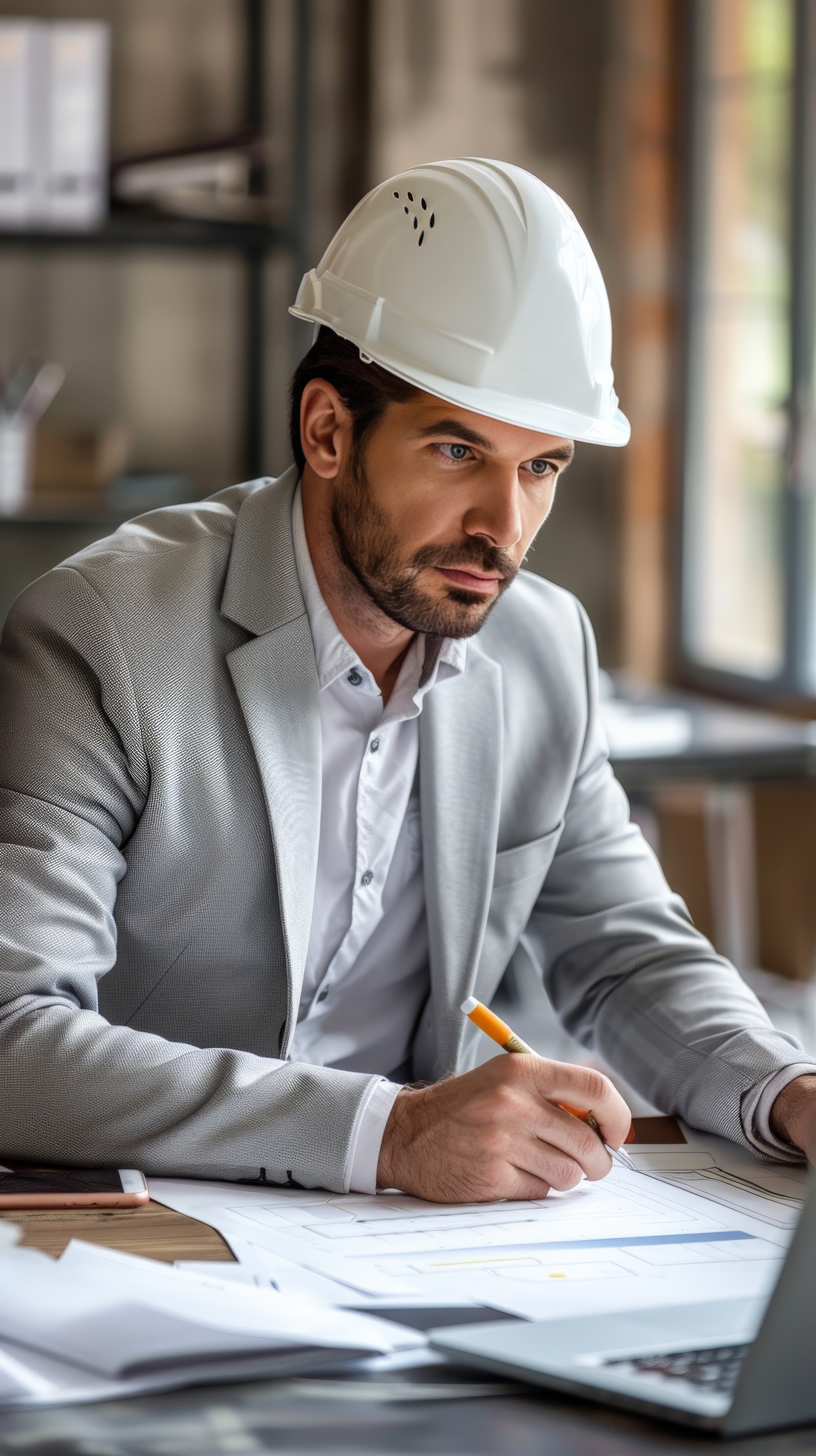 Arquitecto técnico revisando documentación de certificado energético